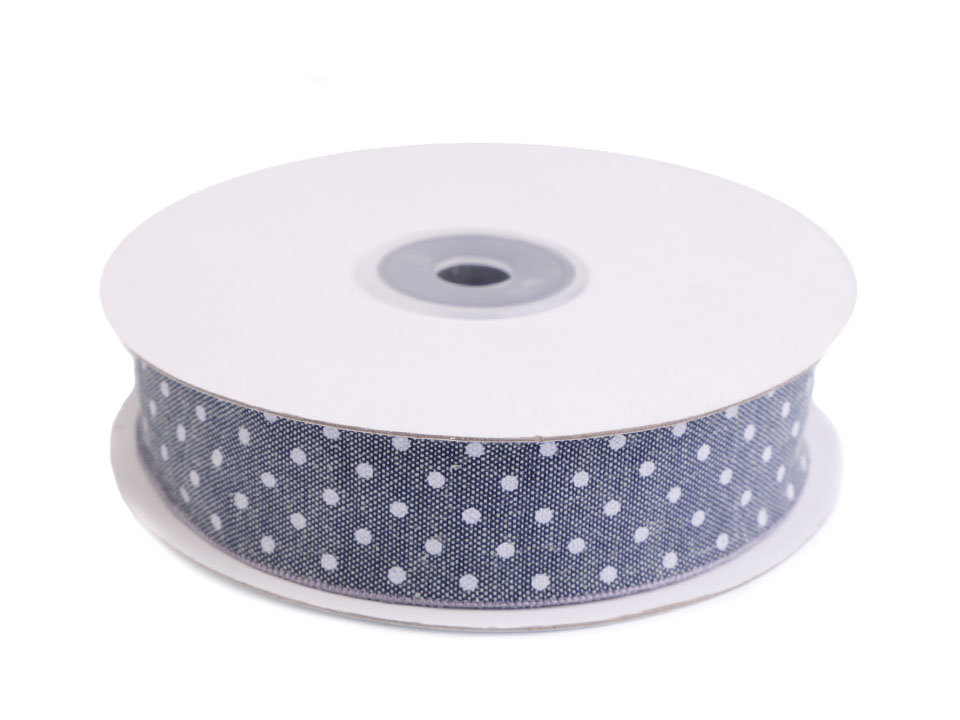 Kokvilnas lenta Cotton Ribbon with Polka Dots, Jeans 25 mm