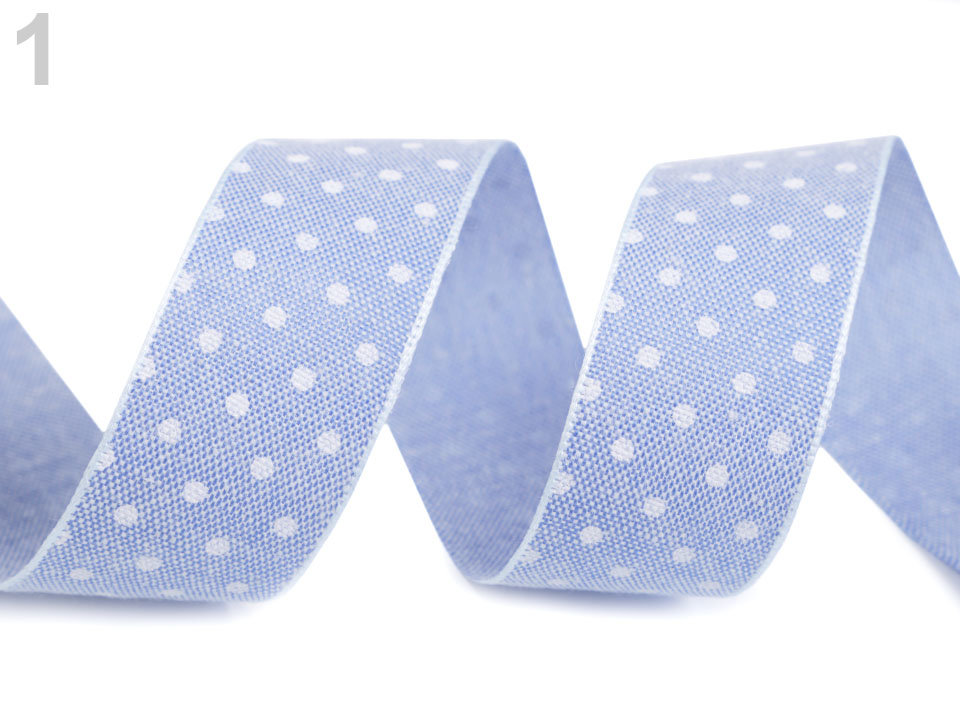 Kokvilnas lenta Cotton Ribbon with Polka Dots, Jeans 25 mm