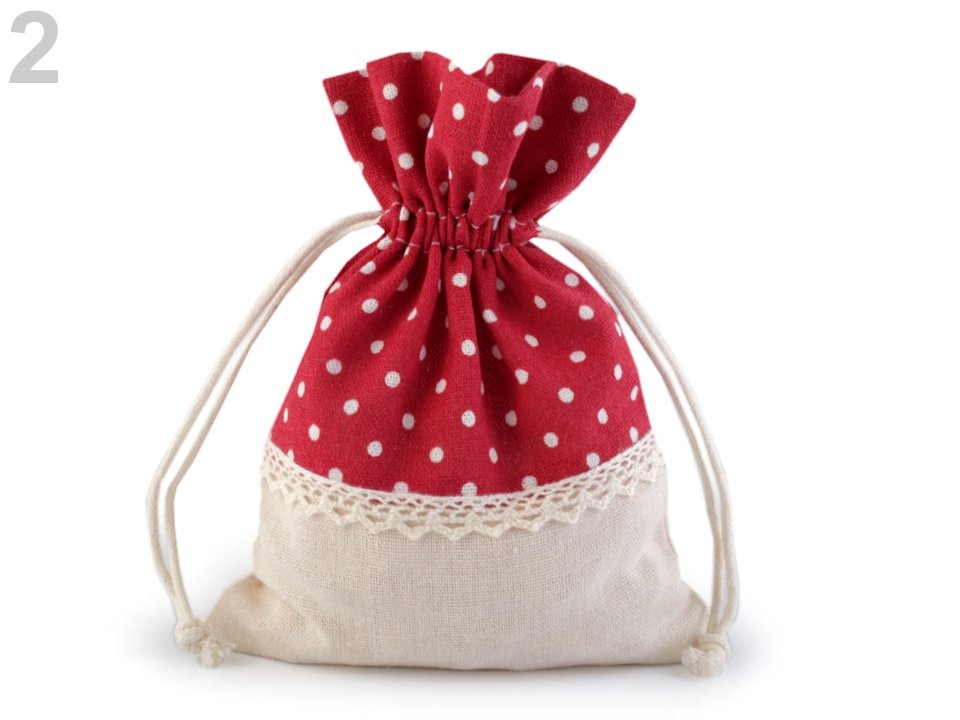 Linen Bag with Polka Dots and Lace 13x18 cm