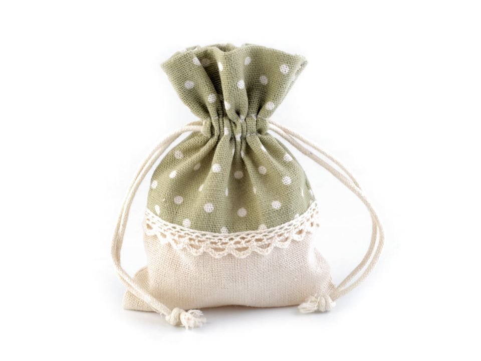Linen Bag with Polka Dots and Lace 10x13 cm