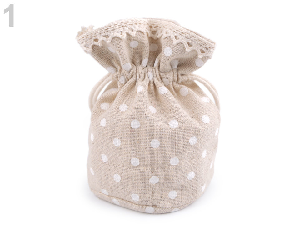 Linen Gift Pouch Bag with Lace and Polka Dots 12x12.5 cm