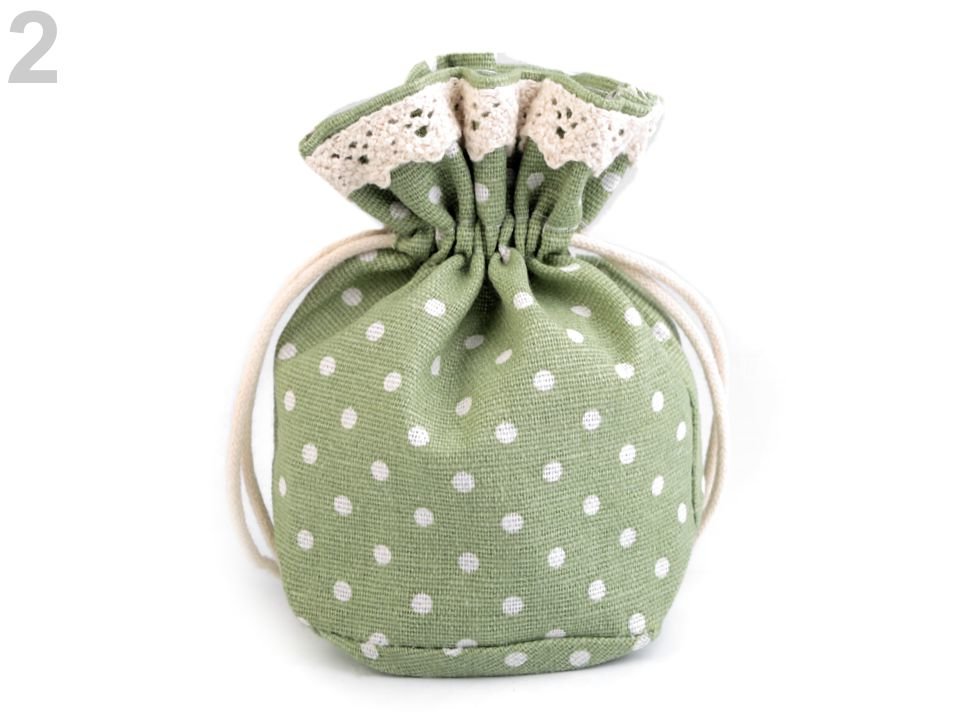 Linen Gift Pouch Bag with Lace and Polka Dots 12x12.5 cm
