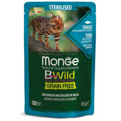 Wet cat food MONGE BWILD pouches Cat Sterilised Tuna with shrimps, vegetables 85g