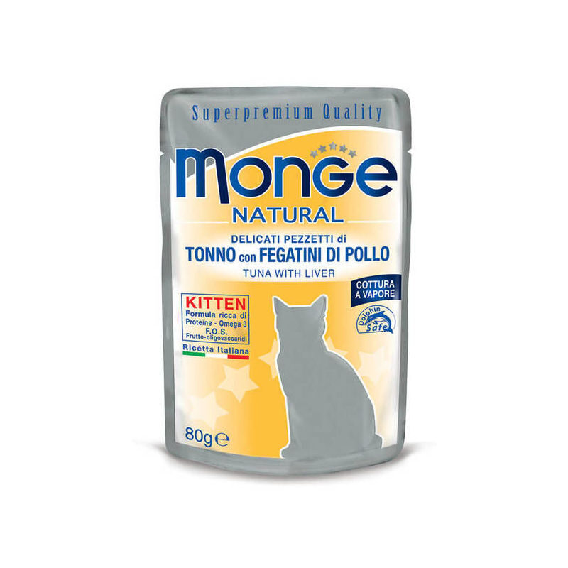 Wet cat food Monge Natural pouches Kitten Tuna in Jelly with Chicken Livers 80g