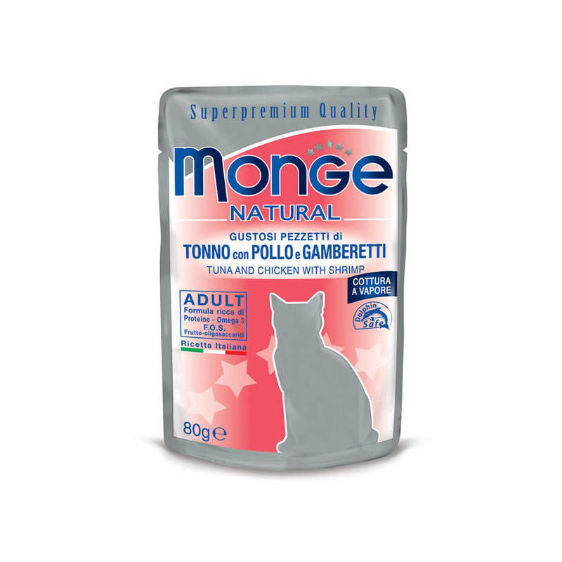 Wet cat food Monge Natural pouches Tuna in Jelly with Chicken and Shrimp 80g