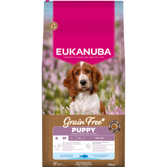 Suņu sausā barība Eukanuba Puppy & Junior Small & Medium Grain free ocean fish 12 kg
