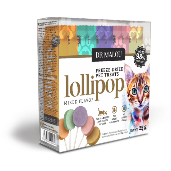 Gardums kaķiem DR Malou Freeze-dried meat lollipops for cats mix of flavors 25g (15 gab)