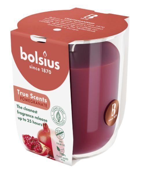 Bolsius aromātiska svece stikla traukā  Ø7.3x8cm Granātābols