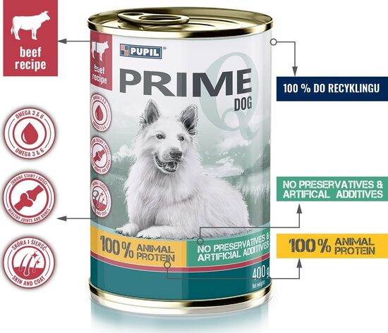 Pupil Prime Dog beef 400g suņu konservi ar liellopu (uz vietas)