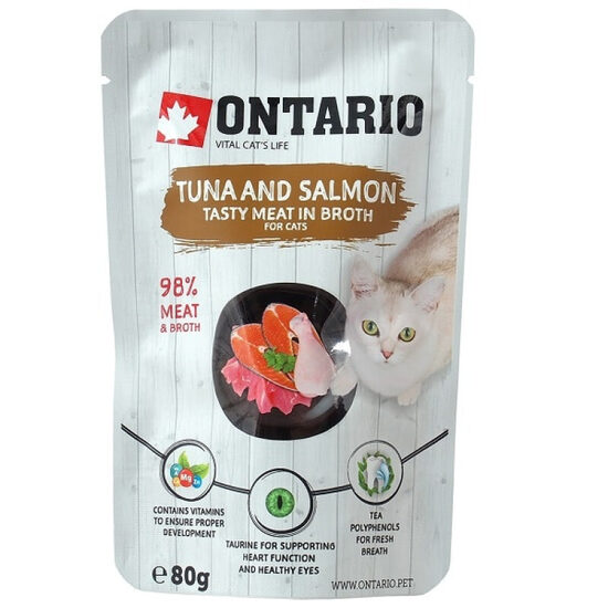 Konservi kaķiem Ontario Pouch Tuna and Salmon in Broth 80g