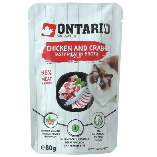 Konservi kaķiem Ontario Pouch Chicken and Crab in Broth 80g