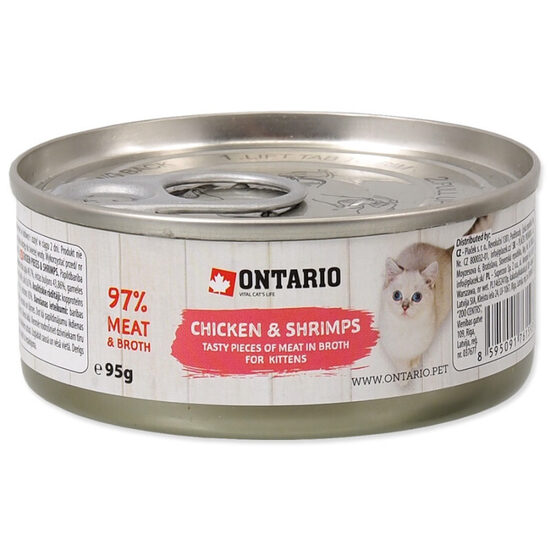 Konservi kaķēniem Ontario Junior Chicken Pieces+Shrimp 95 g