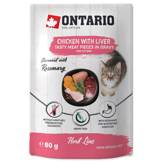 Konservi kaķiem Ontario Herb Kitten Chicken with Liver, Sweet Potatoes, Rice and Rosemary 80g