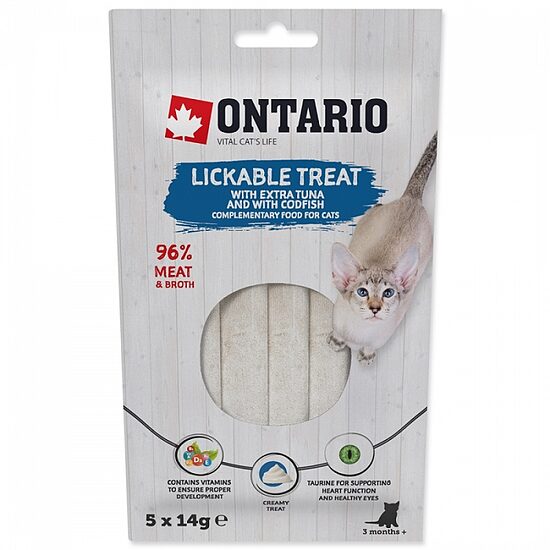 Gardums kaķiem Ontario Lickable Treats with Tuna and Codfish 5 x 14 g (uz vietas)