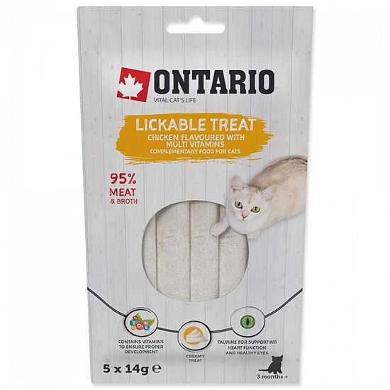 Gardums kaķiem Ontario Lickable Treats Chicken Flavoured with Multi Vitamins 5 x 14 g (uz vietas)