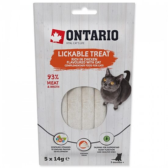 Gardums kaķiem Ontario Lickable Treats Chicken Flavoured with Oat 5 x 14 g (uz vietas)