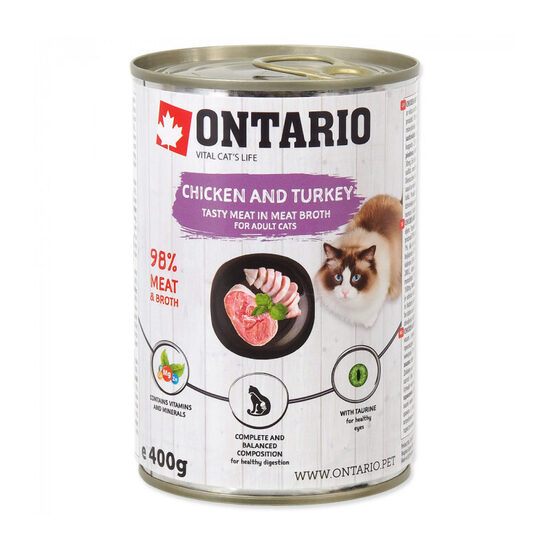 Konservi kaķiem Ontario Cat can Chicken with Turkey flavoured with Sea Buckthorn 400g