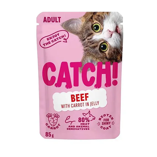 Catch! Mitrā barība pieaugušiem kaķiem ar liellopa gaļu un burkāniem želejā 85 g