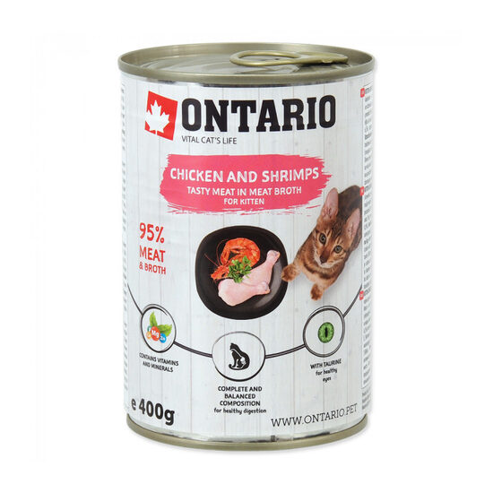 Konservi kaķiem Ontario Cat can Chicken with Shrimps flavoured with Sea Buckthorn 400g