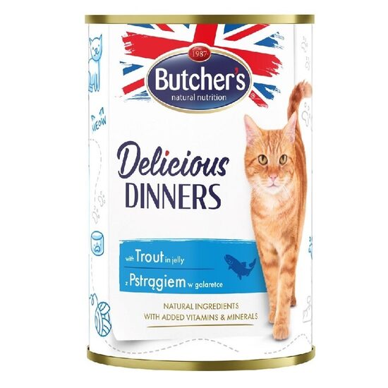 Butchers CAT Delicious Dinners with trout chunks in Jelly 400g