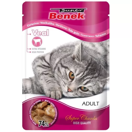 Konservi Super Benek Pouch kaķiem ar teļa gaļu gabaliņi mērcē 100 g (uz vietas)