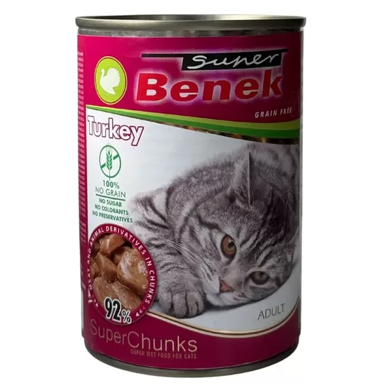 Super Benek canned cat food chunks with turkey meat in sauce 415 g
