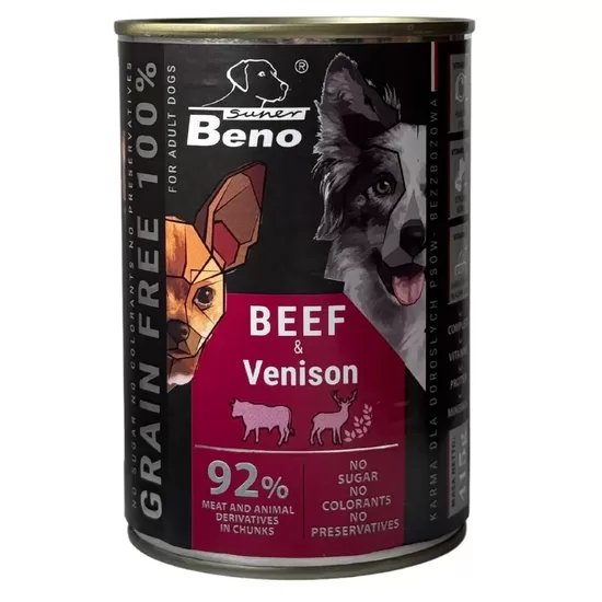 Konservi Super Beno suņiem gabaliņi ar liellopa un medījuma gaļu mērcē 415 g