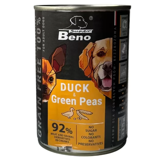 Konservi Super Beno suņiem gabaliņi ar pīles gaļu un zaļajiem zirnīšiem mērcē 415 g