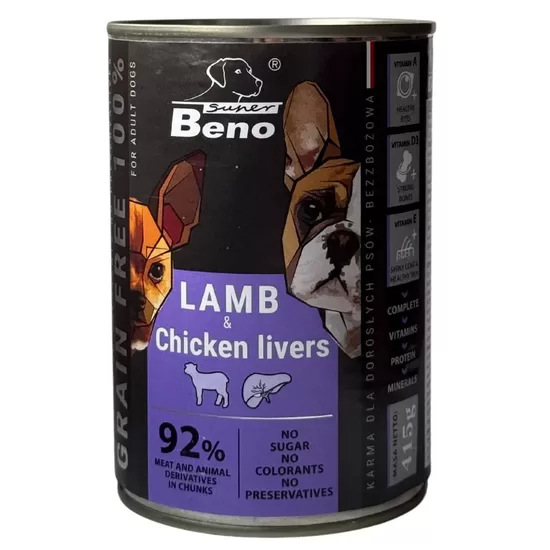 Konservi Super Beno suņiem gabaliņi ar jēra gaļu un mājputnu aknām mērcē 415 g