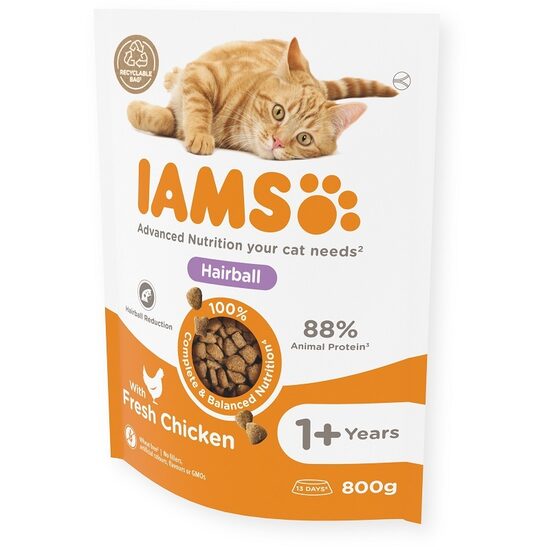 Sausā barība kaķiem IAMS Cat Adult Hairball Chicken 800g