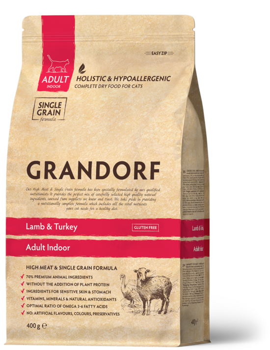 Grandorf Lamb & Turkey Adult Indoor 8 kg sausā kaķu barība