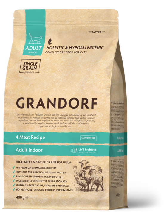 Grandorf 4 Meat Adult Indoor 400 g sausā kaķu barība