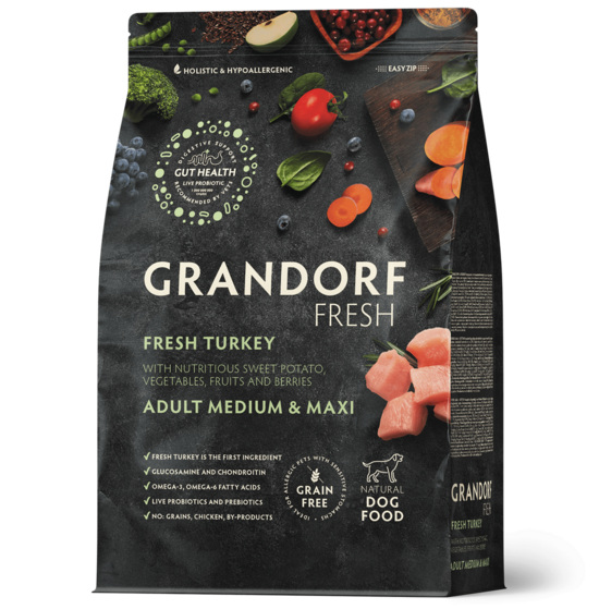 Grandorf Fresh Turkey Adult Medium & Maxi 3 kg dog dry food turkey meat with sweet potatoes