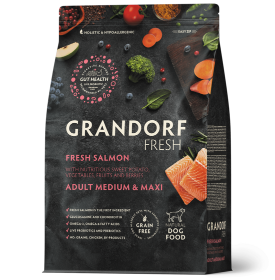 Grandorf Fresh Salmon Adult Medium & Maxi 3 kg dog dry food salmon meat with sweet potatoes