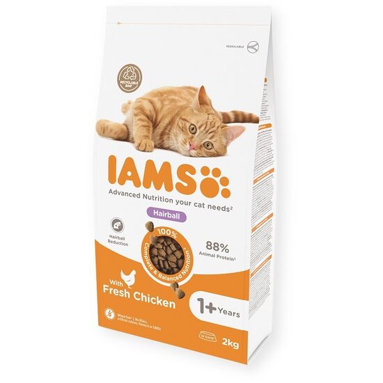 Sausā barība kaķiem IAMS Cat Adult Hairball Chicken 2kg