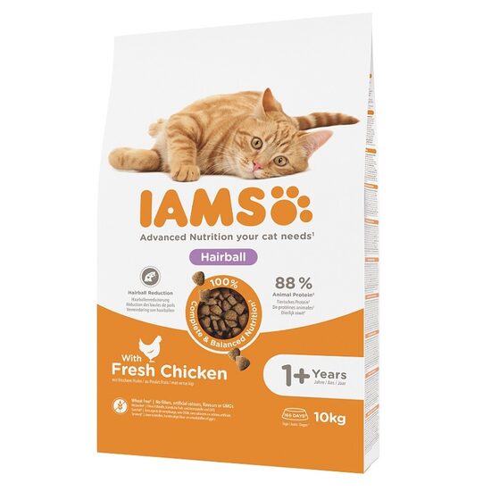 Sausā barība kaķiem IAMS Cat Adult Hairball Chicken 10kg