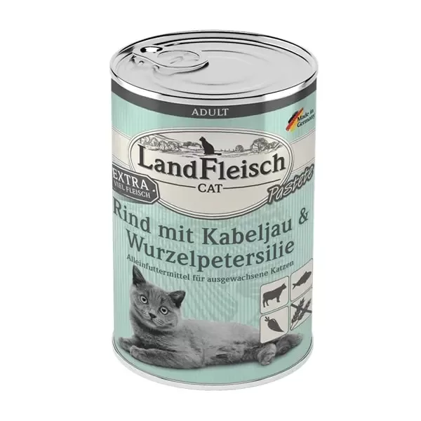 Konservi LandFleisch kaķiem pastēte ar liellopu+mencu+pētersīļiem 400 g (uz vietas)