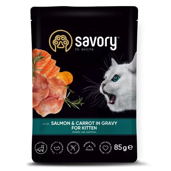 Savory Pouch kaķēniem ar Lasi un burkāniem mērcē 85 g (uz vietas)