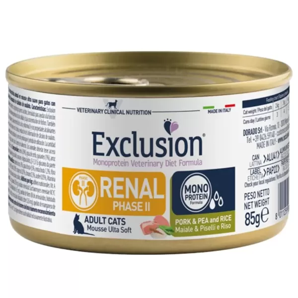 Exclusion Renal (II fāze) konservi kaķiem ar cūkgaļu, zirņiem un rīsiem 85 g