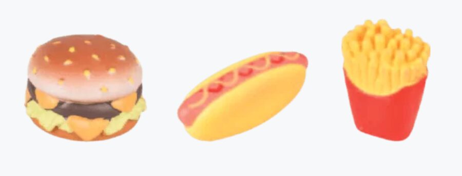 FLMG rotaļlieta suņiem lateksa pīkstulis Fast food asorti iep. 30 gb. 517838 1. 5 x 3.5 x 7cm, (G x P x A) 2 9.5x4x3.5cm (G x P x A) 3.6x3.5cm (Diametrs x Augstums)