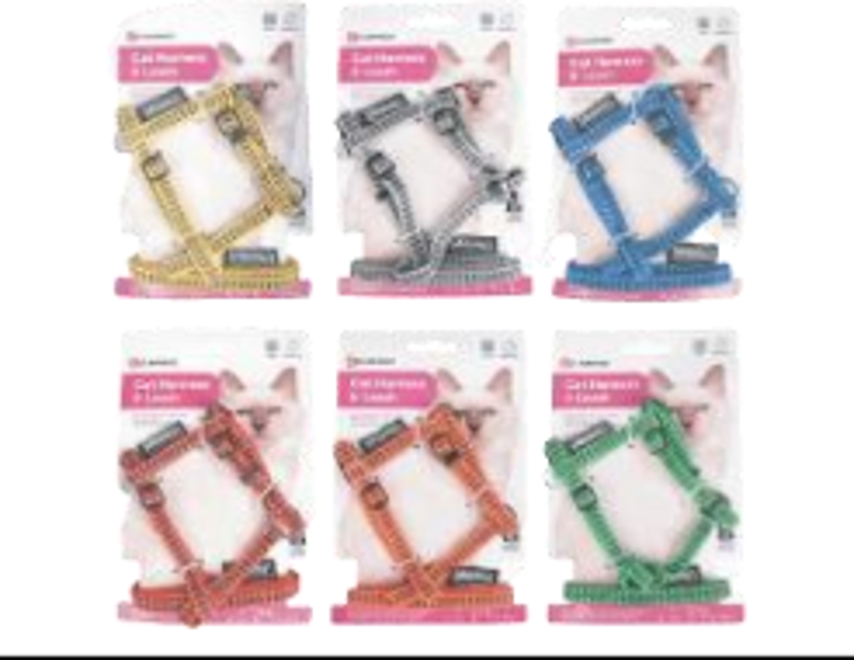 Nylon chest harness with a leash for cats, reflective, 'BRIGHT' color assortment, 22-33cm adjustable circumference, 100cm/10mm leash, 504712.
