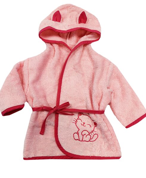Children's bathrobe with ears and cat embroidery pink 