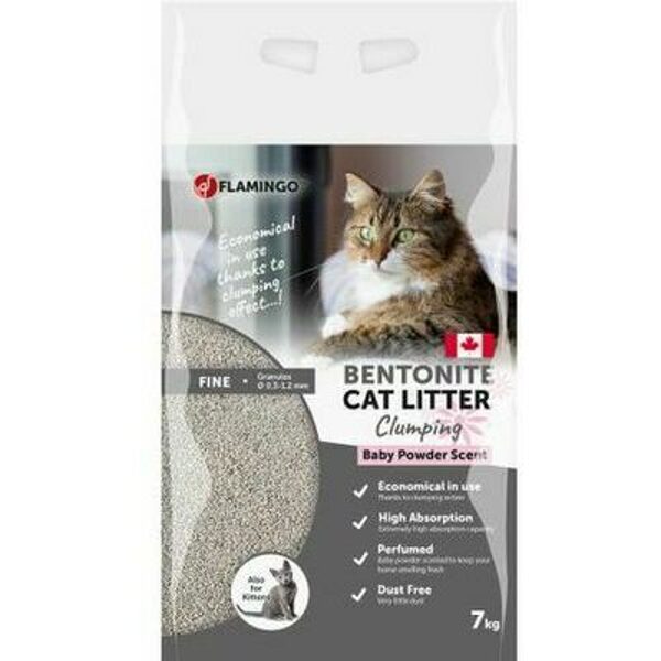 Flamingo Cat Litter Baby Powder 7 kg Kanādas cementējošās smiltis kaķim