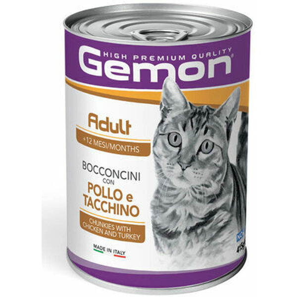 GEMON Wet Cat chunkies Adult with chicken & turkey 415 g konservi kaķiem (uz vietas)