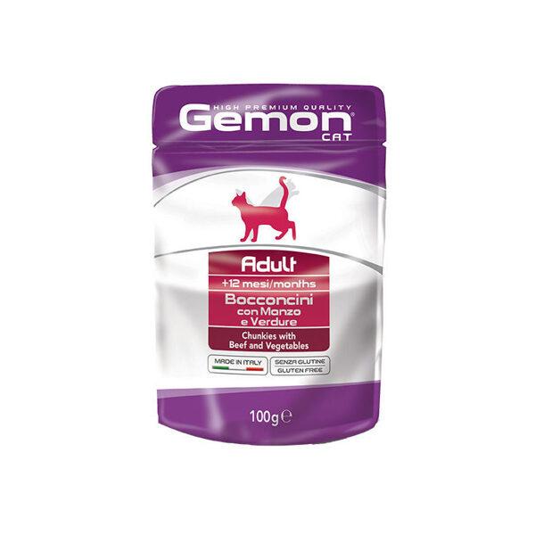 GEMON Wet Cat pouch Adult with beef/veg 100 g konservi kaķiem