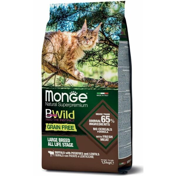 MONGE BWILD CAT Grain Free ADULT Buffalo with Potatoes and Lentils 1,5kg barība kaķiem