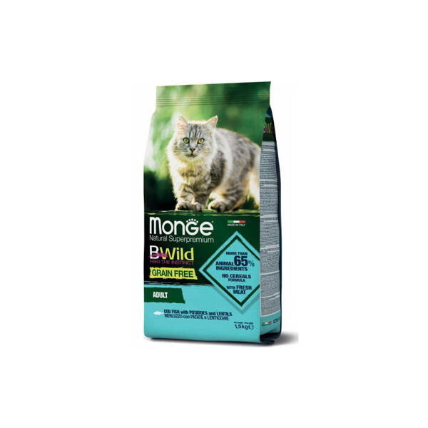 MONGE BWILD CAT Grain Free ADULT Cod Fish with Potatoes and Lentils 1,5kg barība kakiem