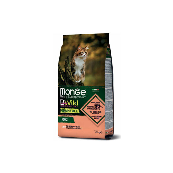 MONGE BWILD CAT Grain Free ADULT Salmon with Peas 1,5kg barība kakiem
