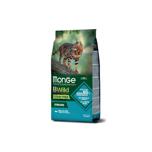 MONGE BWILD CAT Grain Free STERILISED Tuna with Peas 1,5kg barība kakiem