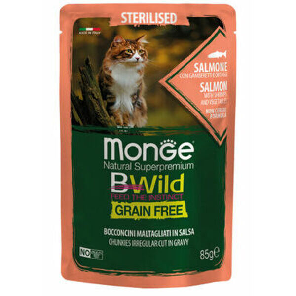 MONGE BWILD pouches Cat Sterilised Salmom with shrimps, vegetable 85g konservi kaķiem